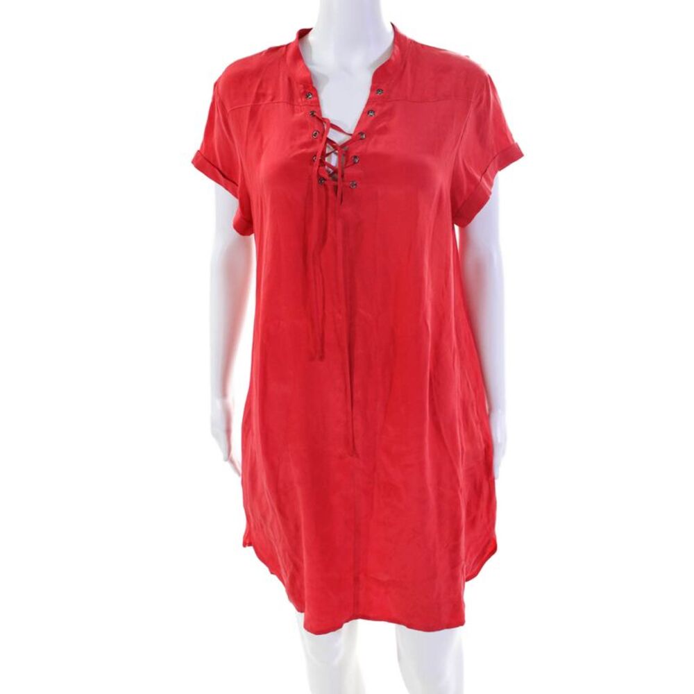 Frame Shirt Womens Silk Lace Up Detail V-Neck Pocketed Shirt Dress Red Size M